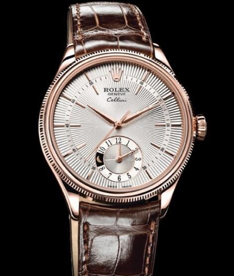 Rolex Cellini Watch Replica Cellini Dual Time 50525 Everose Gold - Silver Dial - Alligator Strap